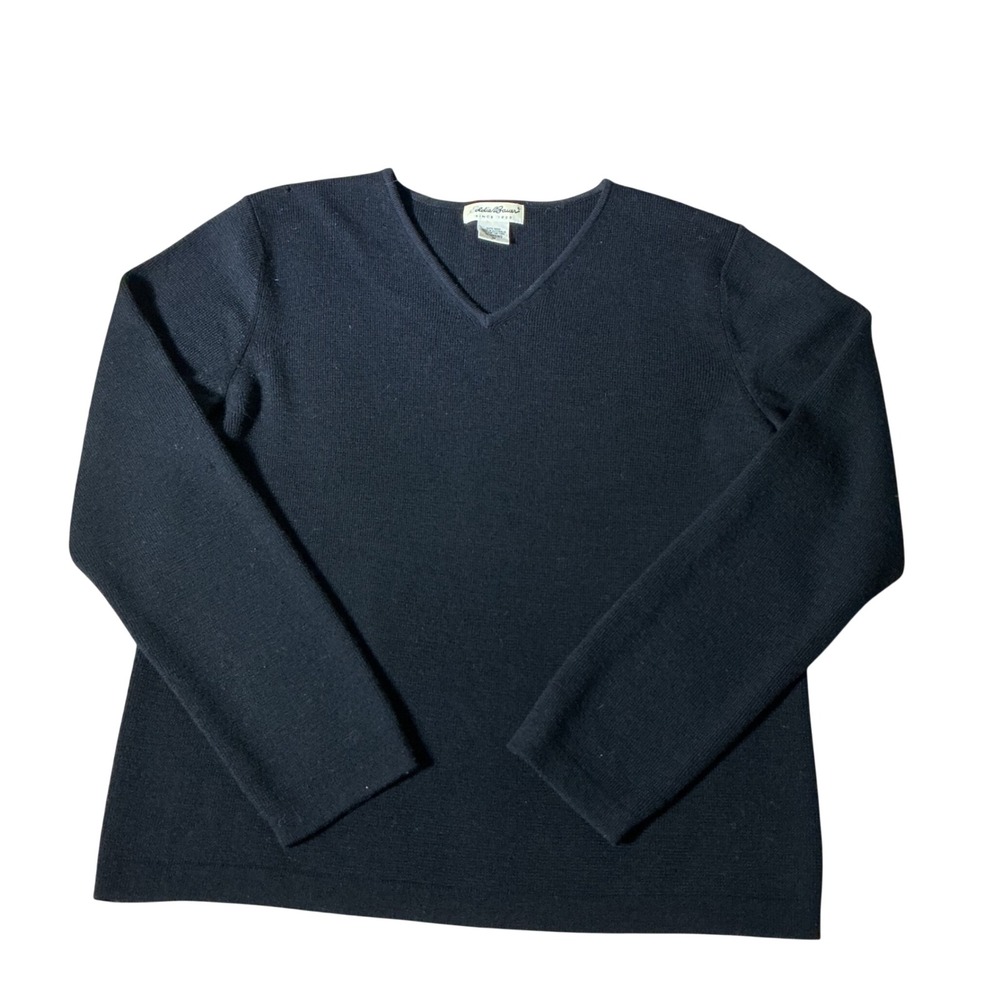 Eddie Bauer V-Neck Wool Knit Sweater Womens M Black Long Sleeve 0118 Classic